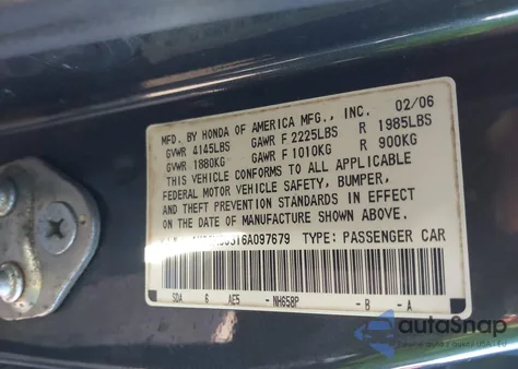 2006 Honda Accord 2.4 Se из США, поврежденный, VIN 1HGCM56316A097679